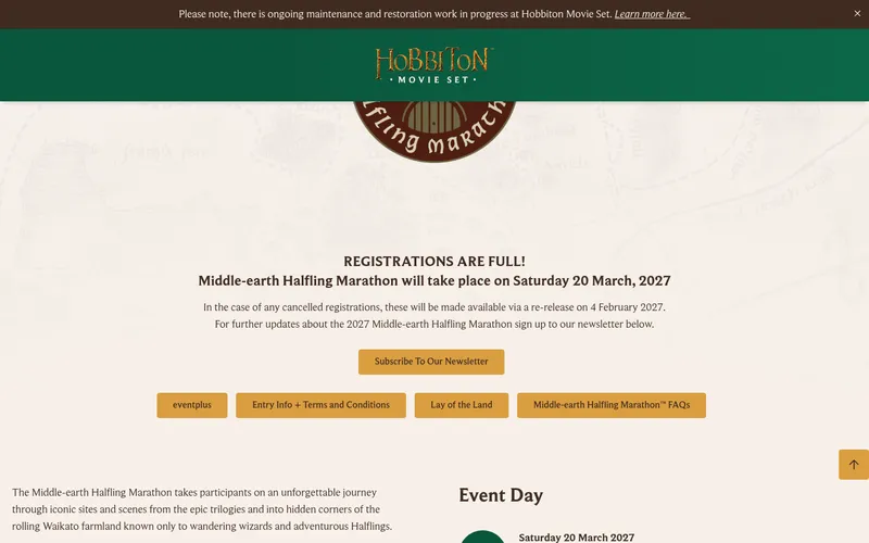The official Hobbiton page today: REGISTRATIONS ARE FULL, with cancelled registrations re-released 4 February 2027
